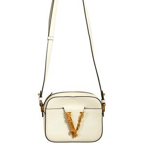 Versace Women's White Leather Gold V-Logo Small Crossbody Shoulder Bag